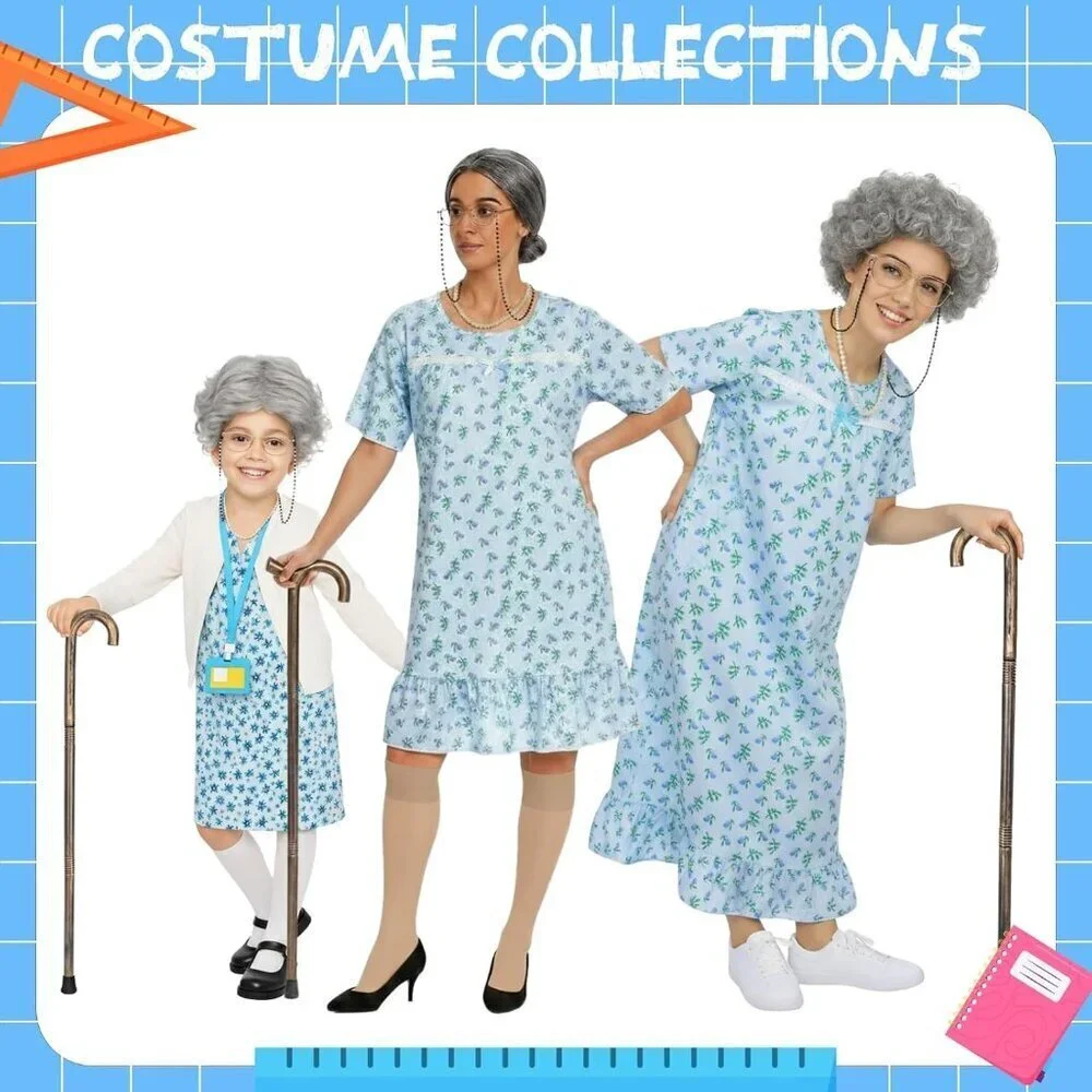 Old Lady Wig Costume Set for Women Gray Hair Granny Cosplay Halloween Party